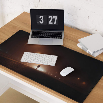 Black cosmic gaming mousepad with glowing path silhouette starry sky
