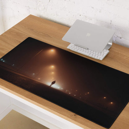 Dark Street Night large gaming mouse pad with moody foggy urban figure