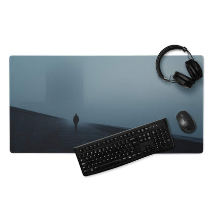 Moody Blue Mist gaming mouse pad with misty hillside silhouette