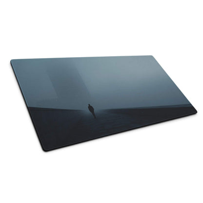 Dark gray glossy laptop sleeve with misty shoreline silhouette