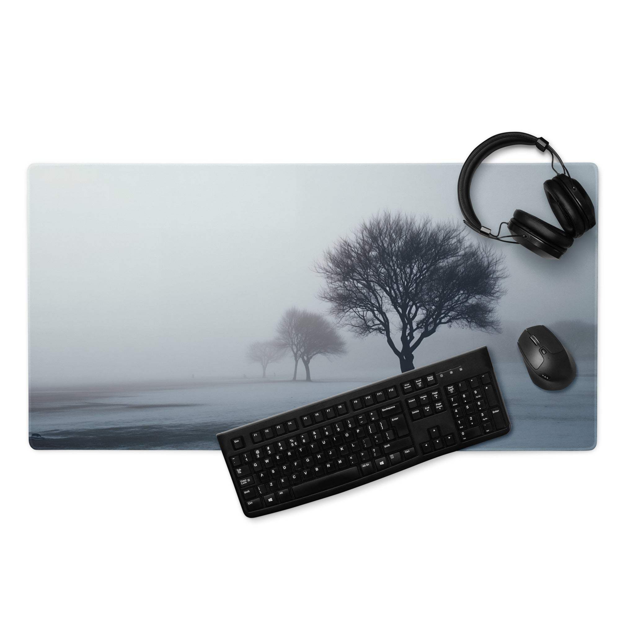 Calm misty forest mousepad with tree silhouettes, gray-blue gradient, non-slip base