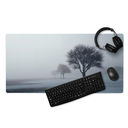 Calm misty forest mousepad with tree silhouettes, gray-blue gradient, non-slip base
