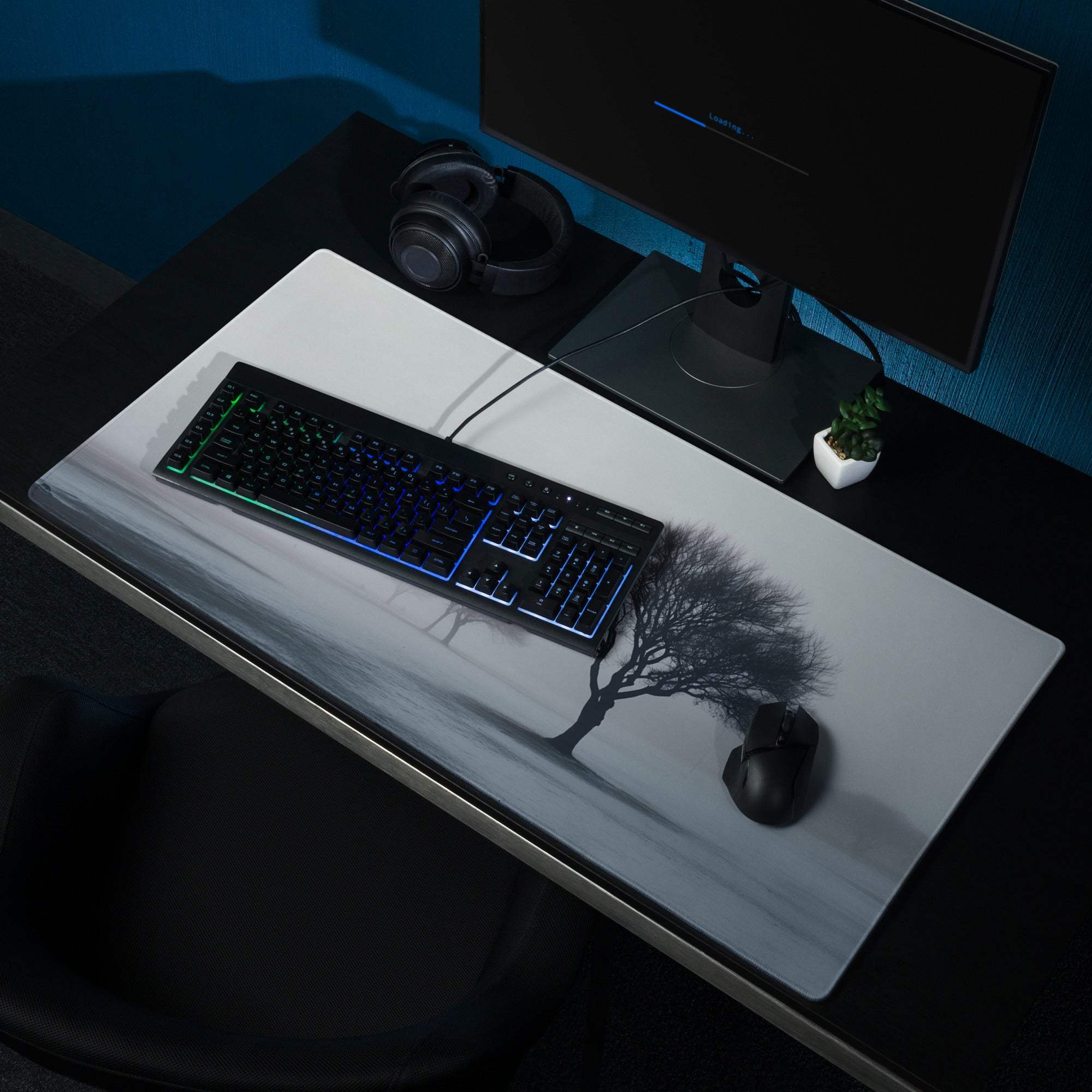 Calm misty forest tree silhouette large gaming mouse pad