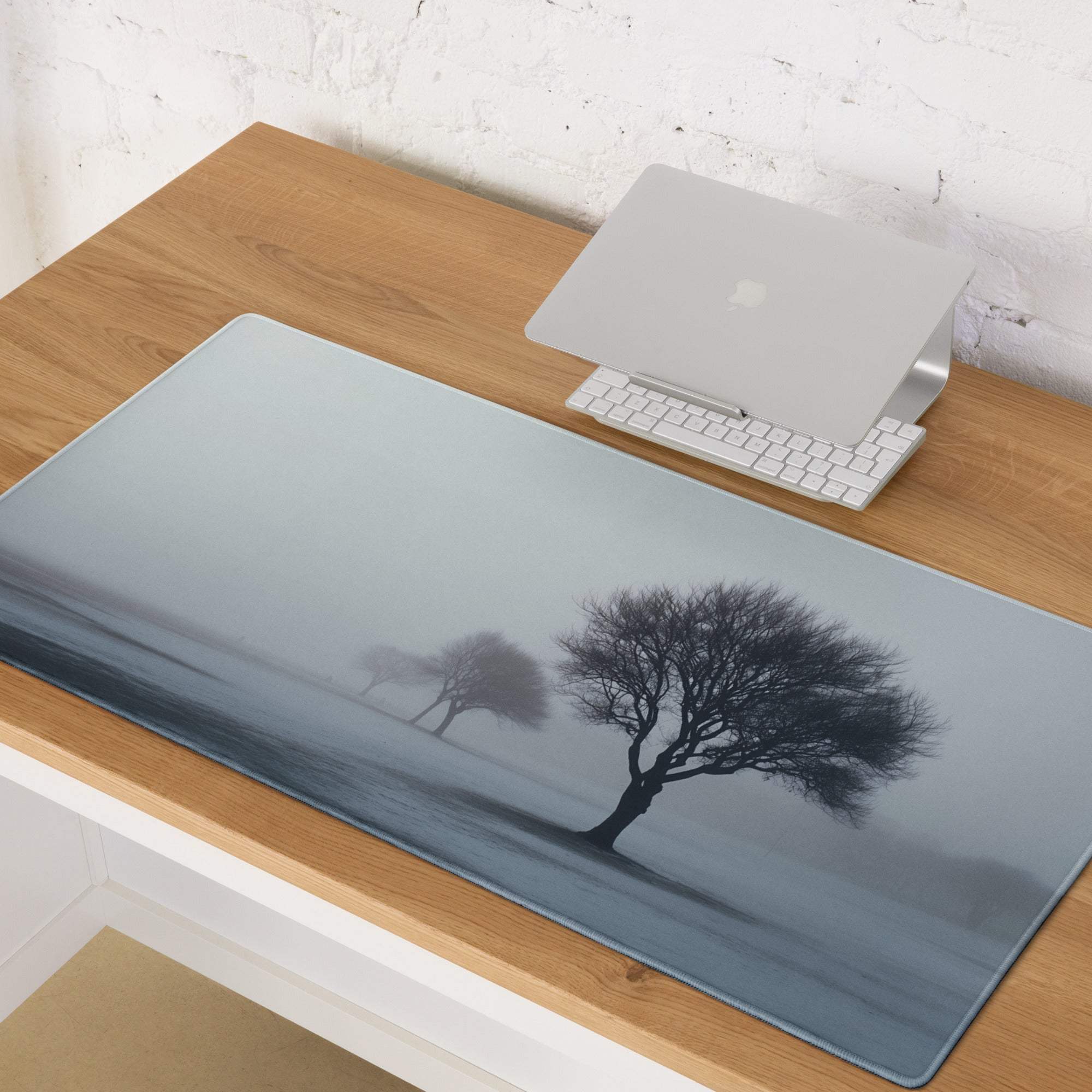 Calm misty forest minimalist trees gray large gaming mouse pad