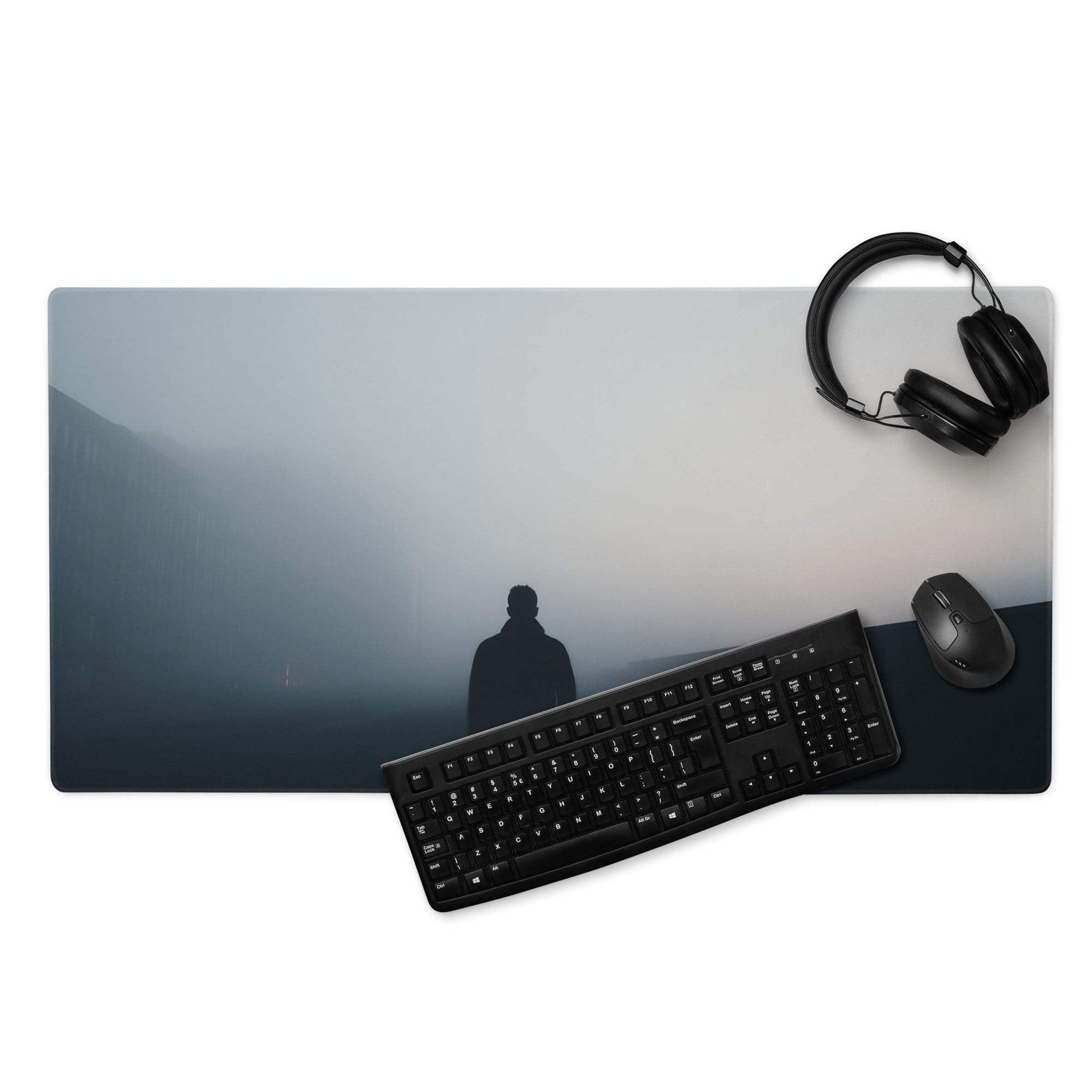 Moody blue gray minimalist misty mountains gaming mouse pad