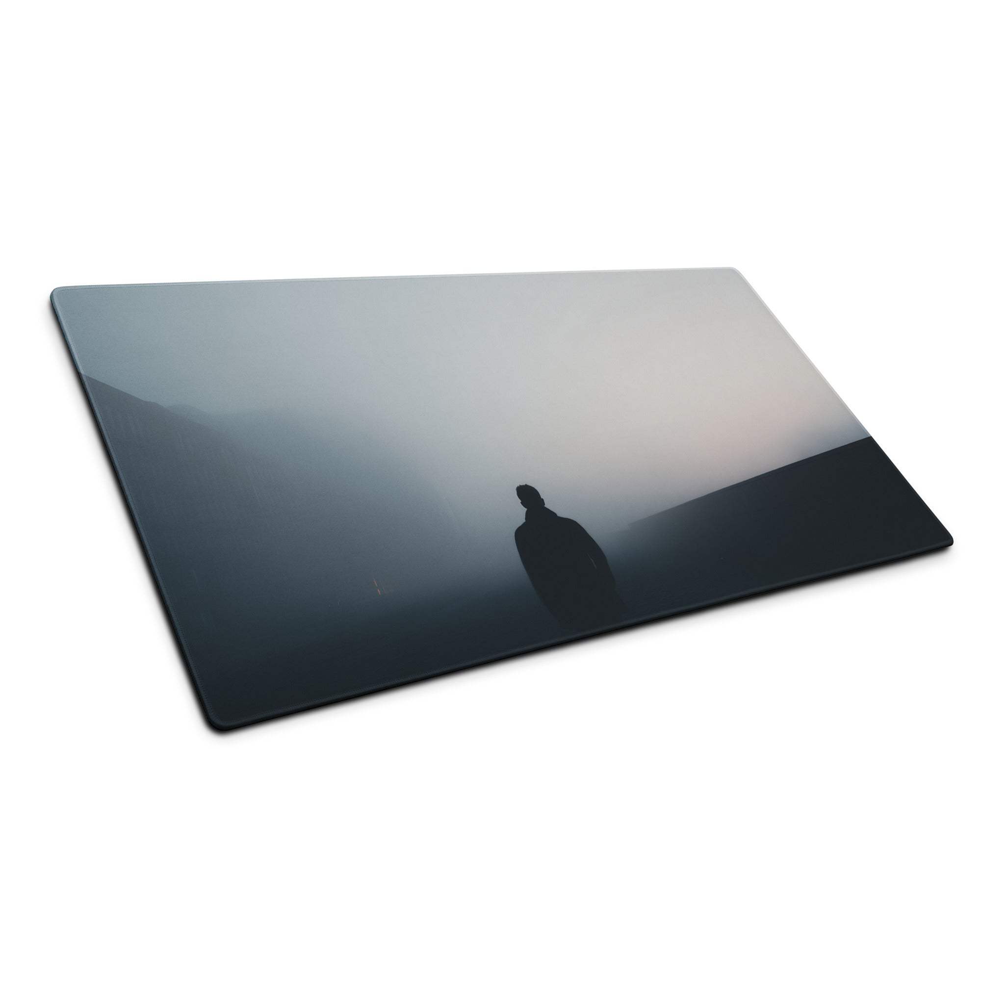Sleek glass cutting board with moody misty mountain photo mouse pad design
