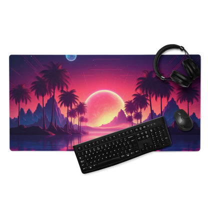 Vibrant neon sunset gaming mouse pad with palm trees, orb, large non-slip surface