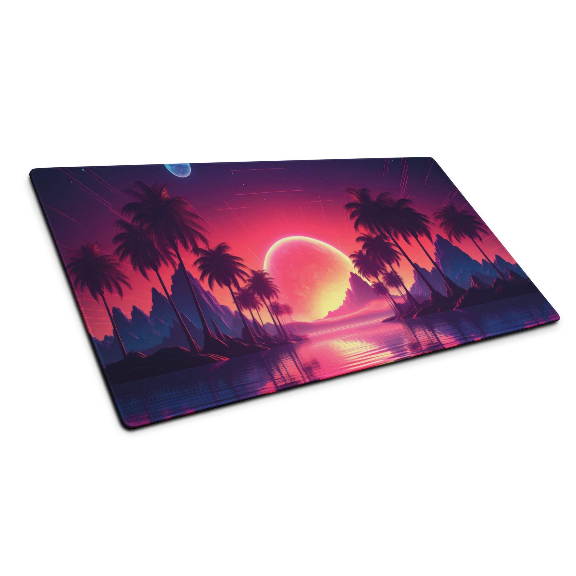 Vibrant neon pink purple sunset palm tree gaming mousepad large non-slip surface