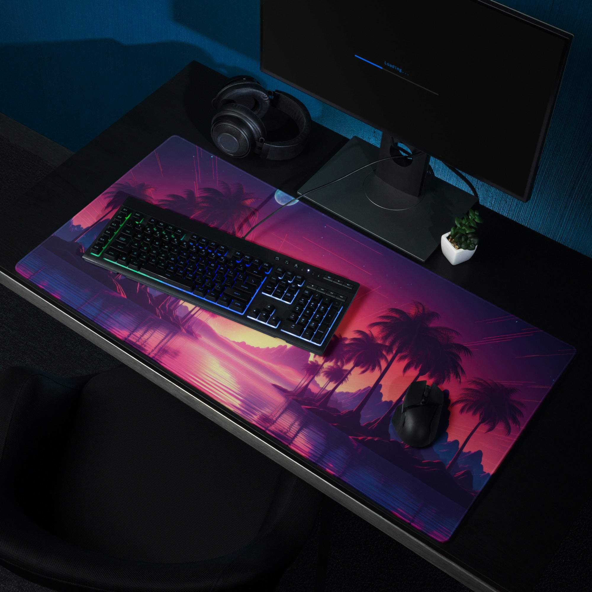 Vibrant neon sunset gaming mouse pad with palm trees, large non-slip surface
