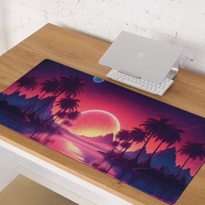 Vibrant neon sunset palm tree gaming mouse pad with large non-slip surface