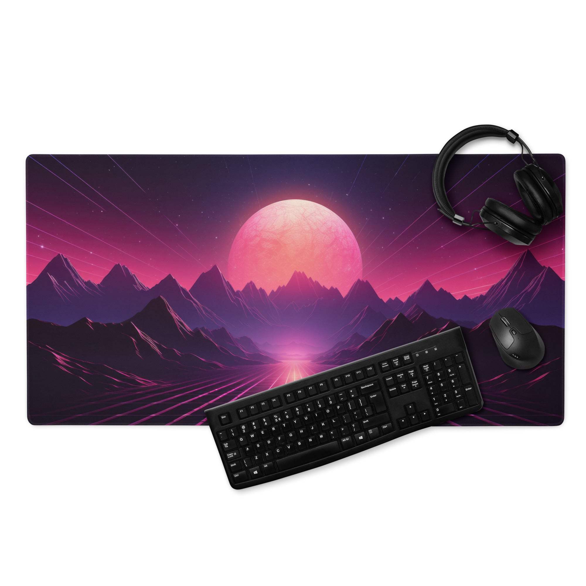 Neon Sunset Mountains gaming mouse pad with retro-futuristic landscape