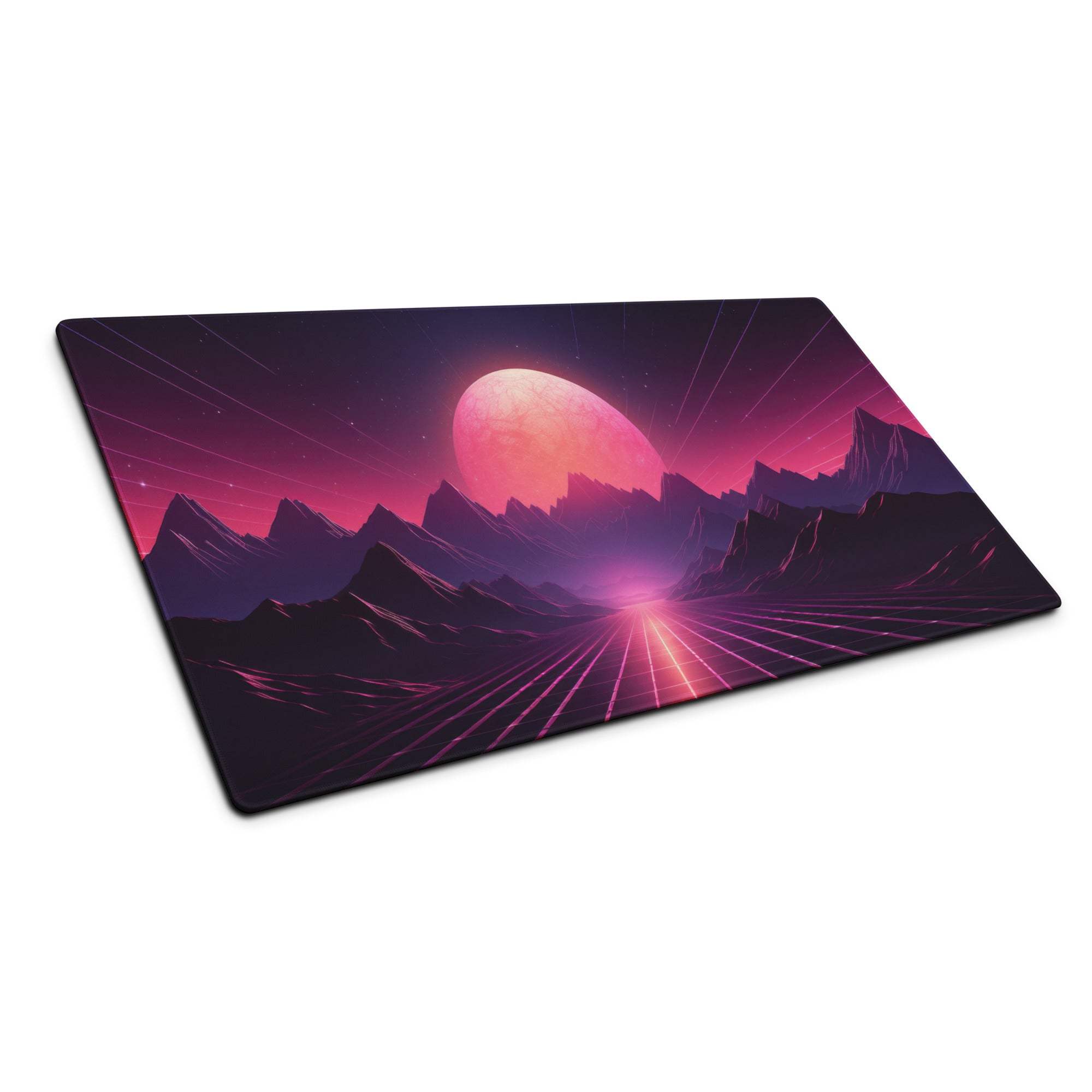 Neon Sunset Mountains gaming mouse pad with retro-futuristic landscape