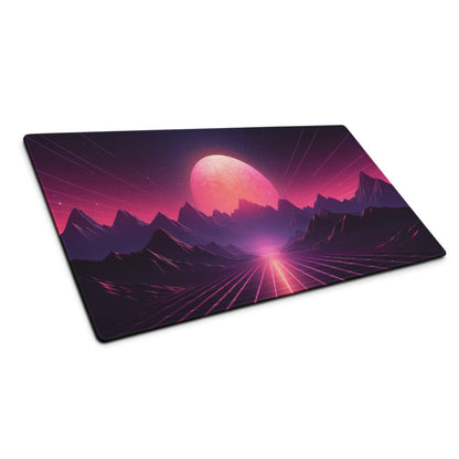 Neon Sunset Mountains gaming mouse pad with retro-futuristic landscape