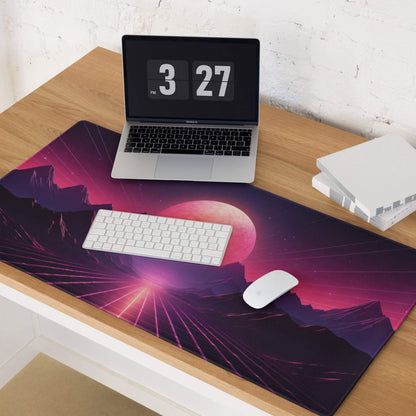 Purple pink cosmic gaming mousepad with glowing planet and neon sunset mountains