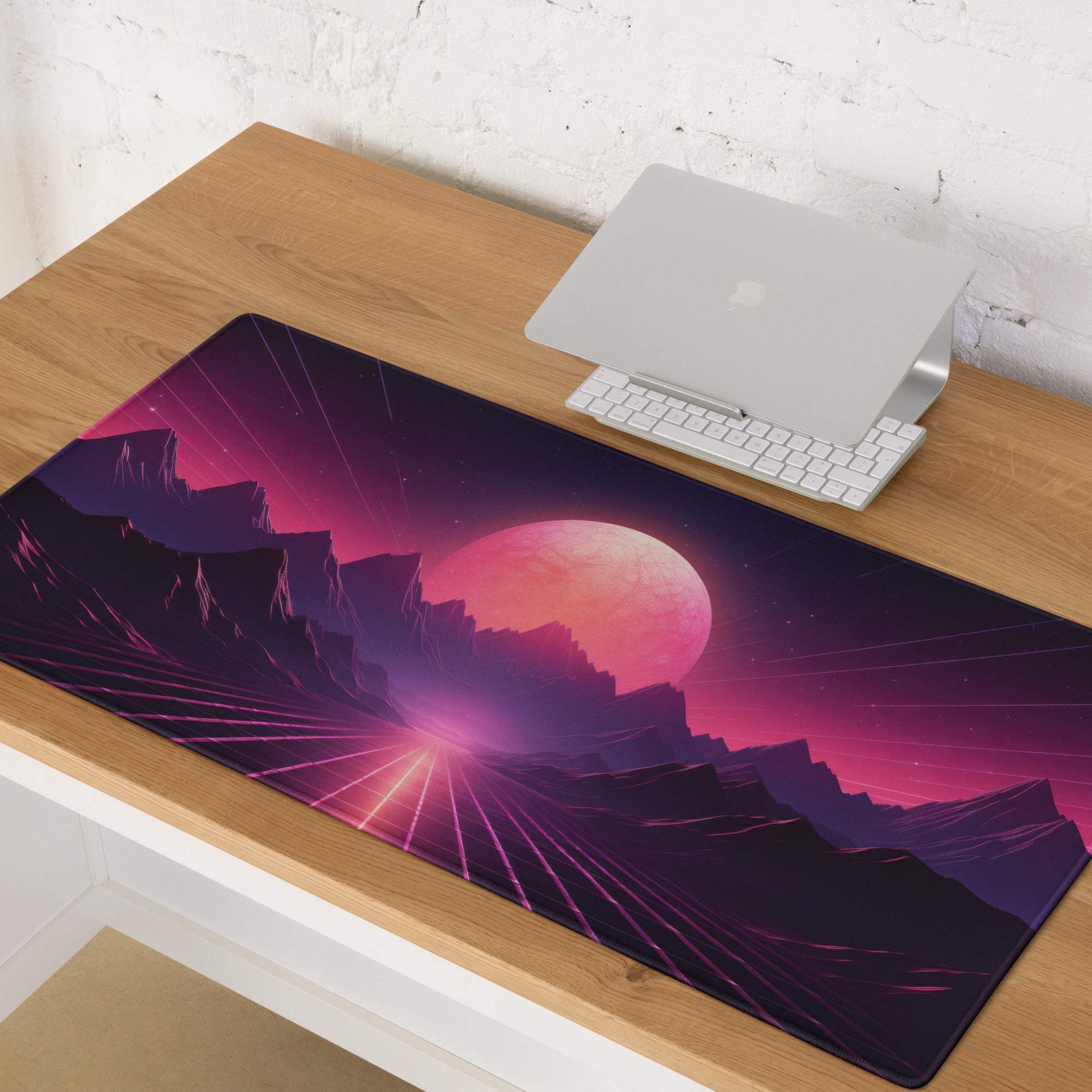 Neon Sunset Mountains gaming mouse pad with vibrant retro-futuristic landscape