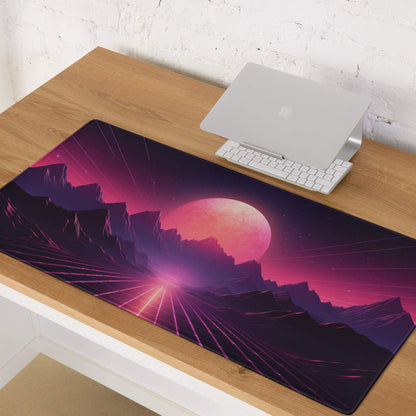 Neon Sunset Mountains gaming mouse pad with vibrant retro-futuristic landscape