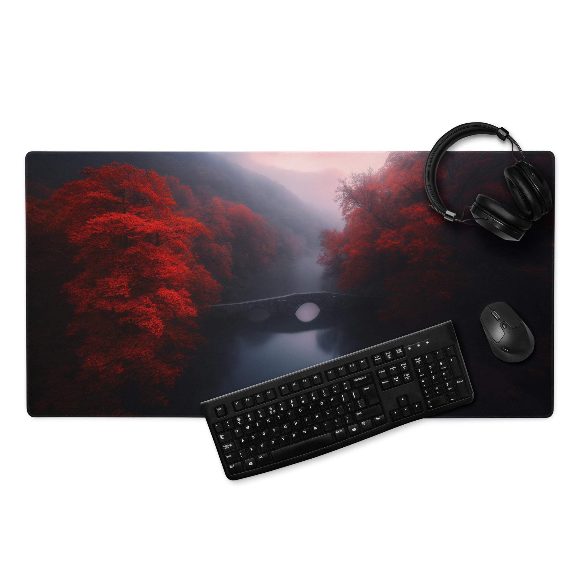 Black gaming mousepad with vivid red autumn forest, misty mountains, bridge