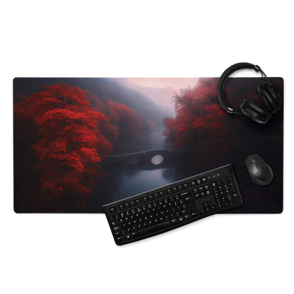 Black gaming mousepad with vivid red autumn forest, misty mountains, bridge