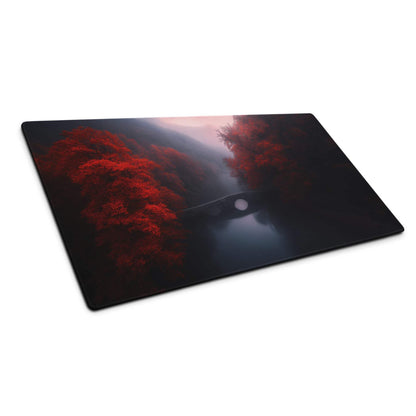 Landscape forest moody red gaming mouse pad with misty mountains print