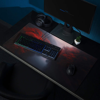 Black gaming mousepad with red gray swirling forest design