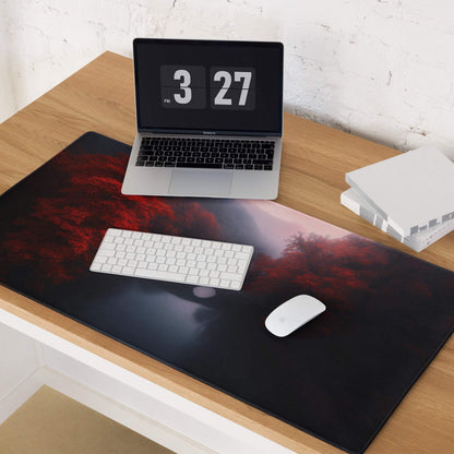 Black gaming mousepad with vivid red dark forest scene and non-slip base