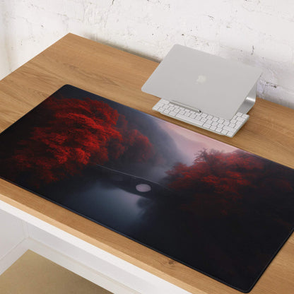 Red autumn forest gaming mouse pad with misty water, glowing moon, large non-slip surface