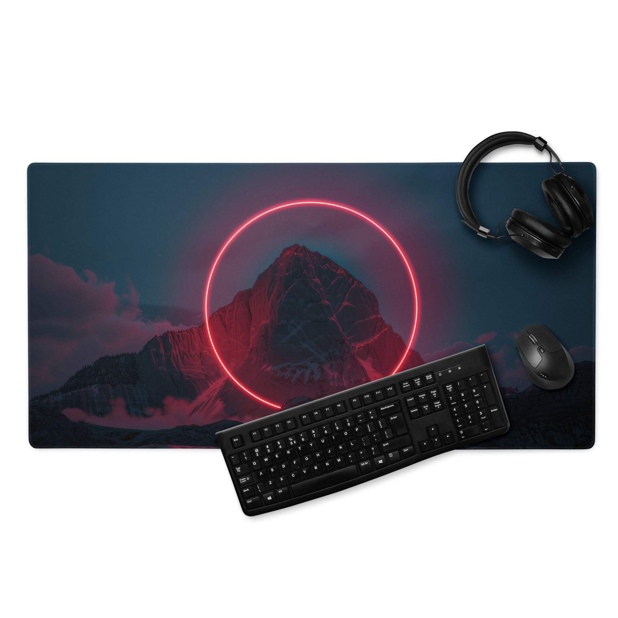 Narrow black matte keyboard on Neon Cyberpunk Mountain gaming mouse pad