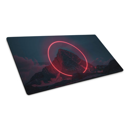 Neon cyberpunk mountain gaming mousepad with pink neon circle on dark blue night