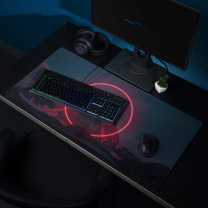 Black gaming mousepad with red neon circle and cyberpunk mountain scene