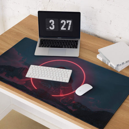 Neon cyberpunk mountain scene with pink neon circle on dark blue gaming mouse pad