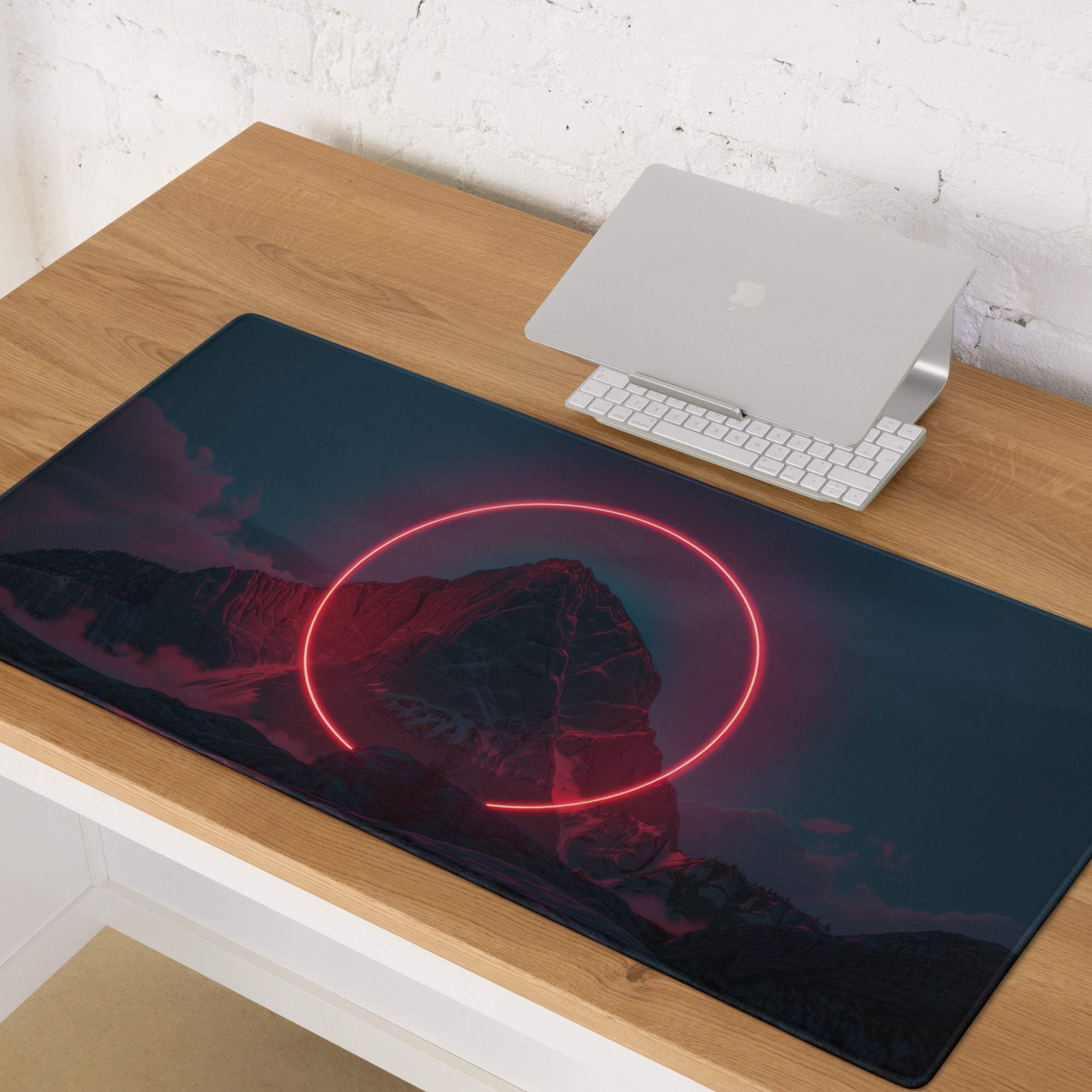 Neon cyberpunk mountain gaming mouse pad with pink neon circles