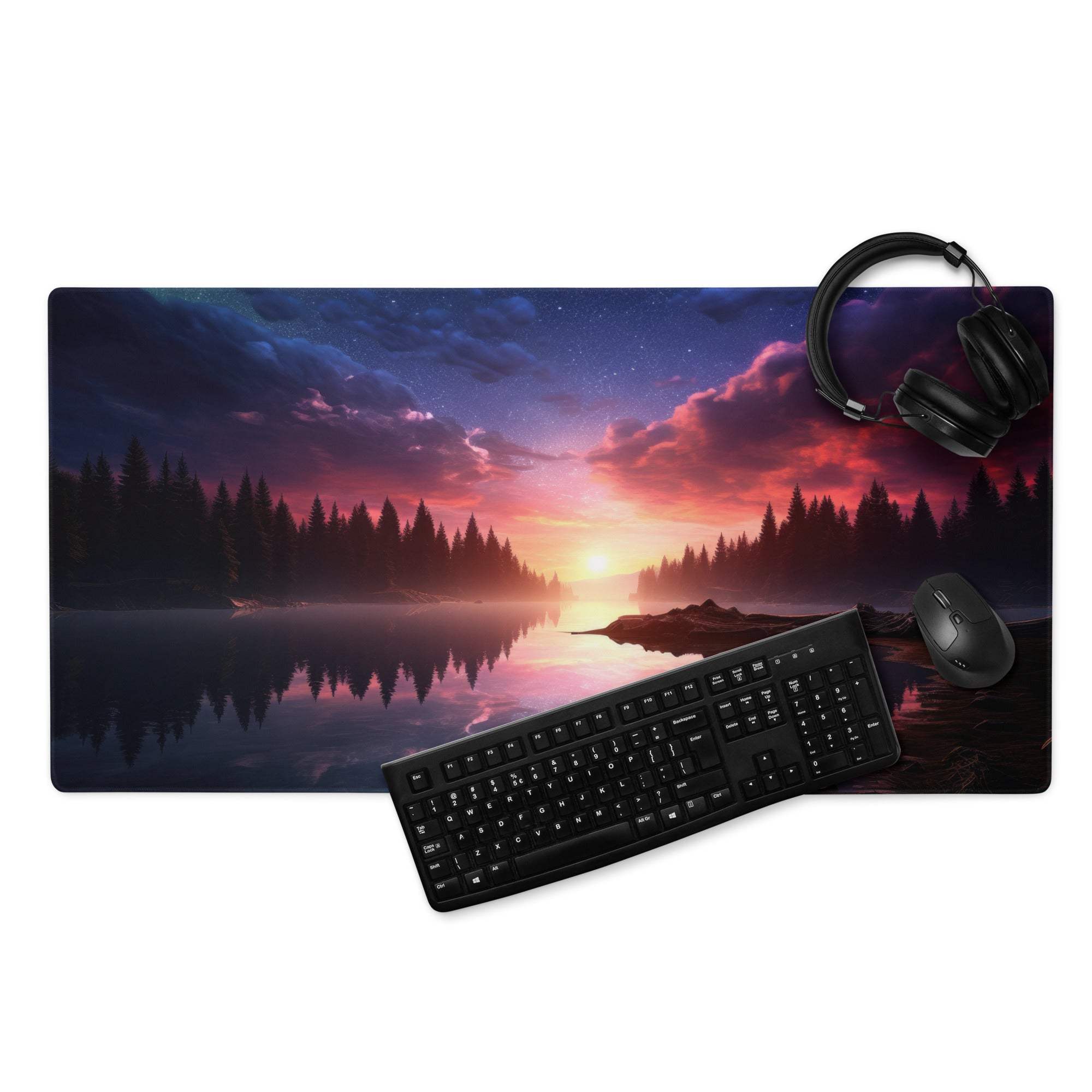 Black keyboard and mouse on vibrant sunset lake forest gaming mousepad