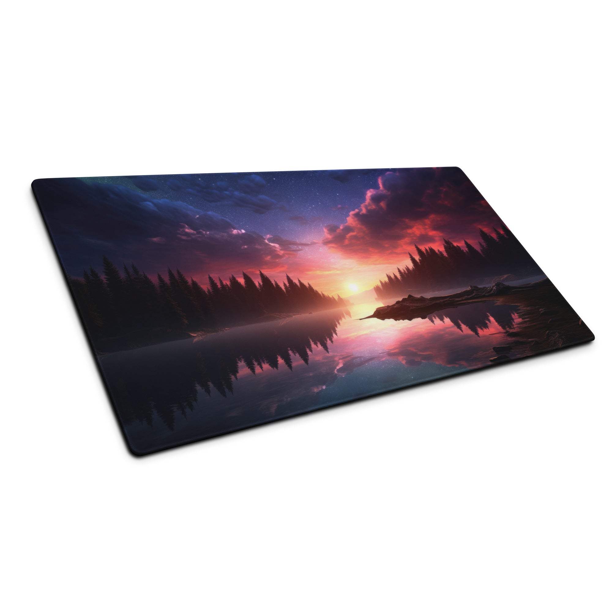 Vibrant sunset lake forest gaming mouse pad with non-slip base