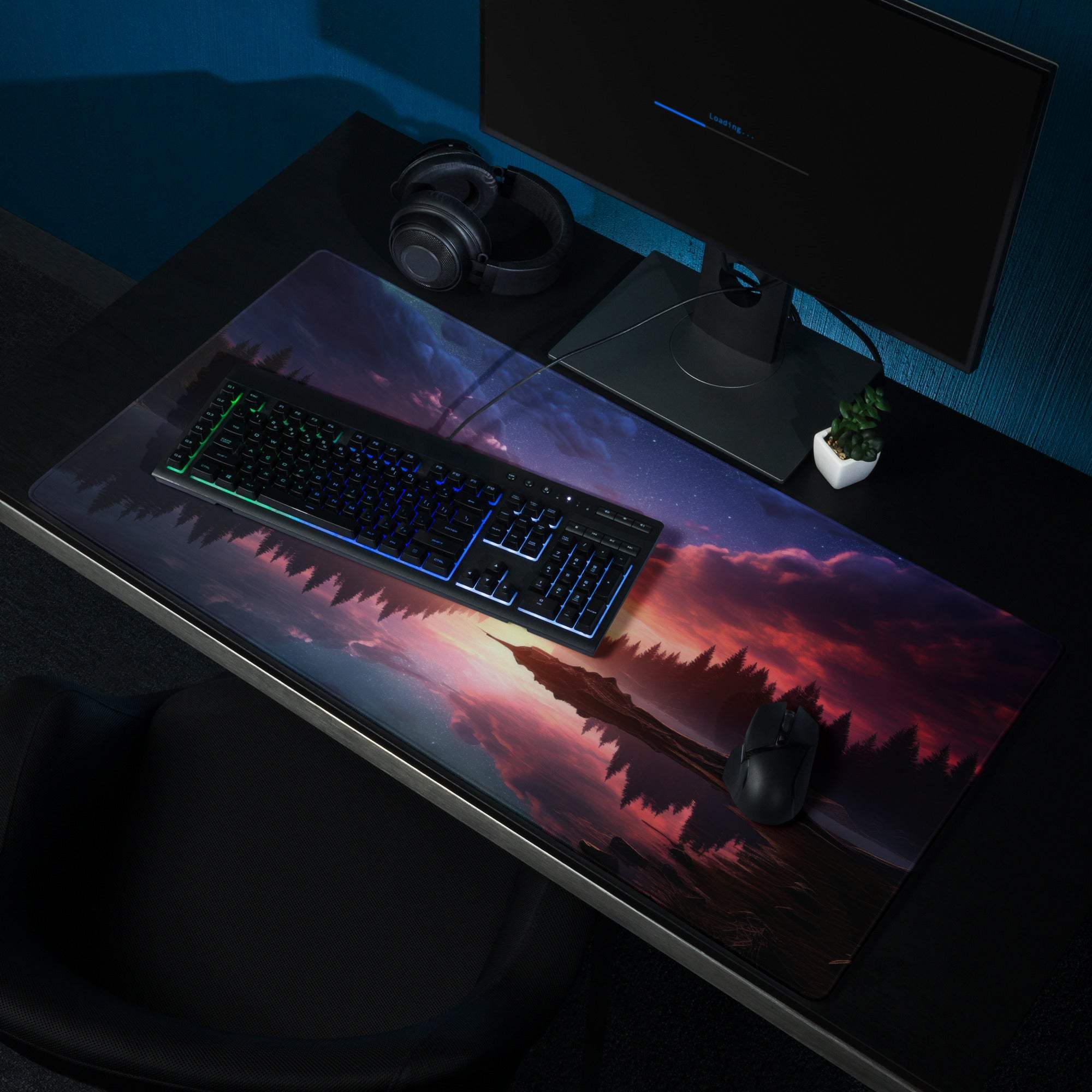 Vibrant sunset lake forest gaming mouse pad with large non-slip surface