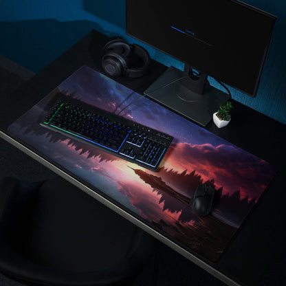 Vibrant sunset lake forest gaming mouse pad with large non-slip surface