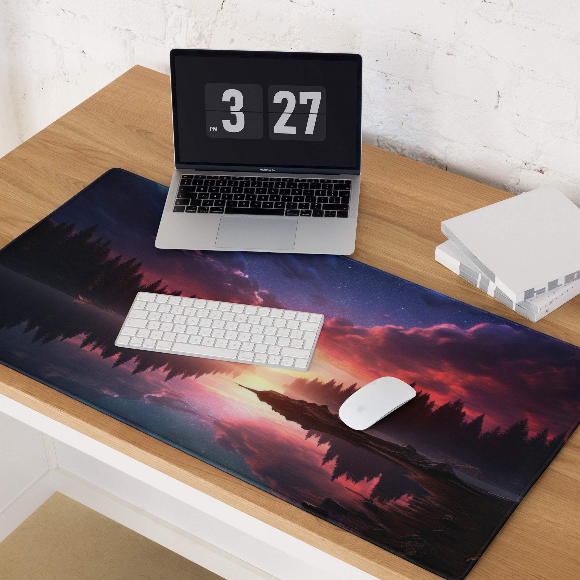 Vibrant sunset lake forest gaming mouse pad with silhouetted trees