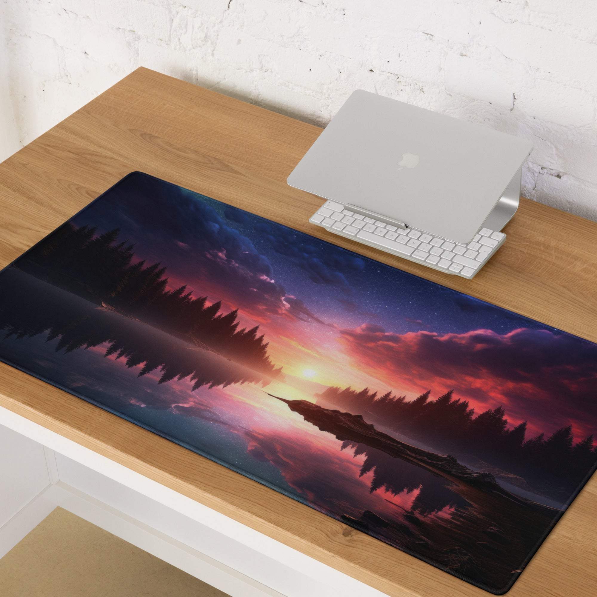 Vibrant sunset lake forest gaming mouse pad with large non-slip surface