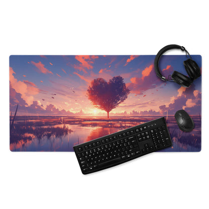 Vibrant anime sunset mouse pad with heart tree, large non-slip base, stitched edges for Dota CSGO