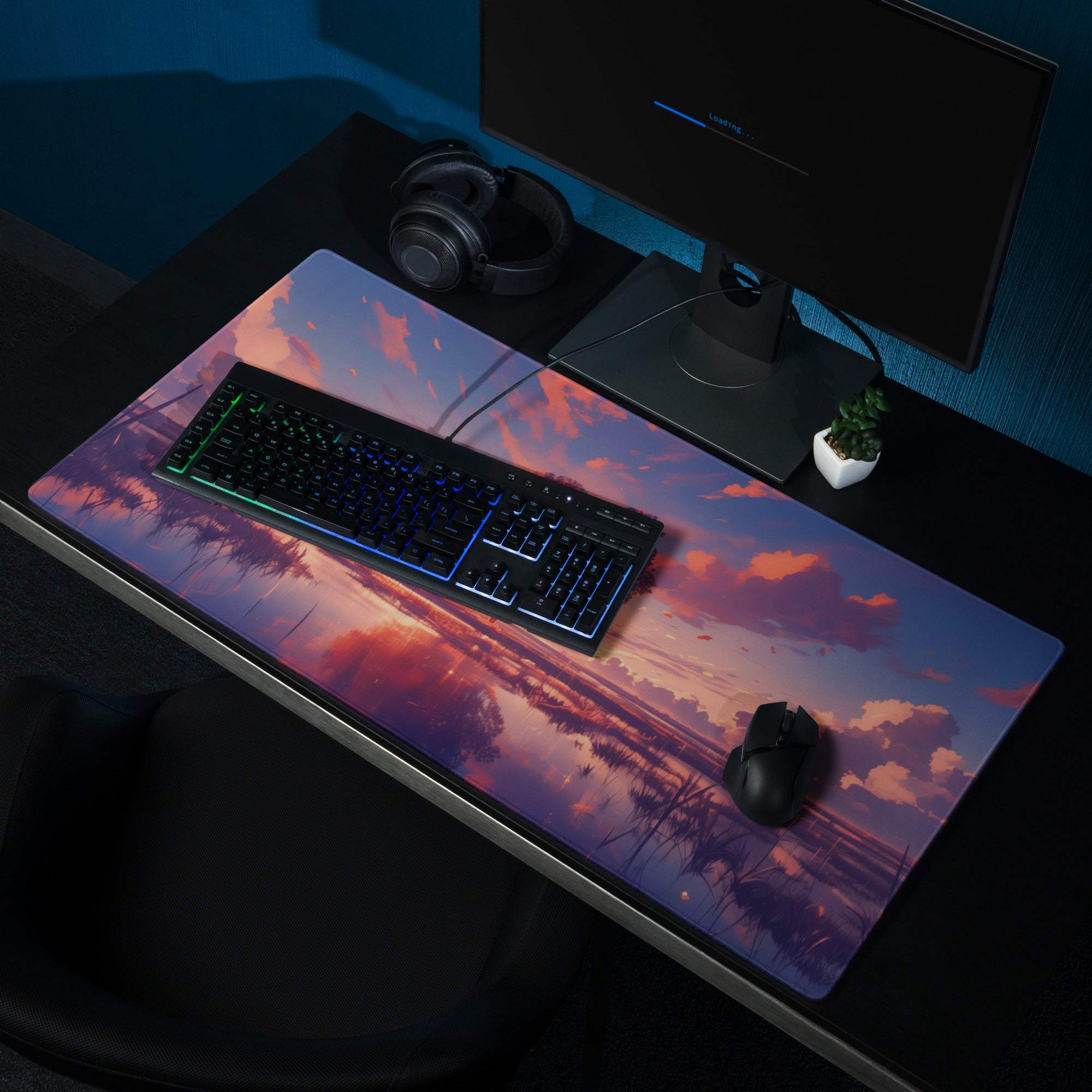 Sunset tree landscape gaming mouse pad with vibrant pink orange purple hues