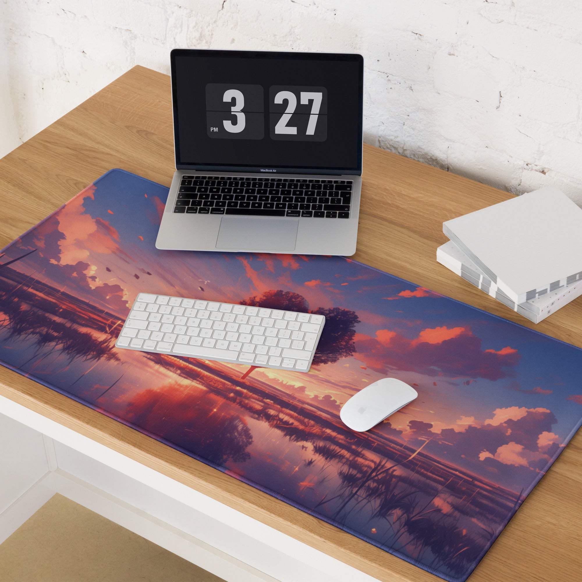 Vibrant sunset tree landscape gaming mouse pad with orange purple clouds grip texture