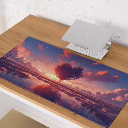 Vibrant anime sunset tree mousepad with heart foliage, non-slip base for Dota CSGO