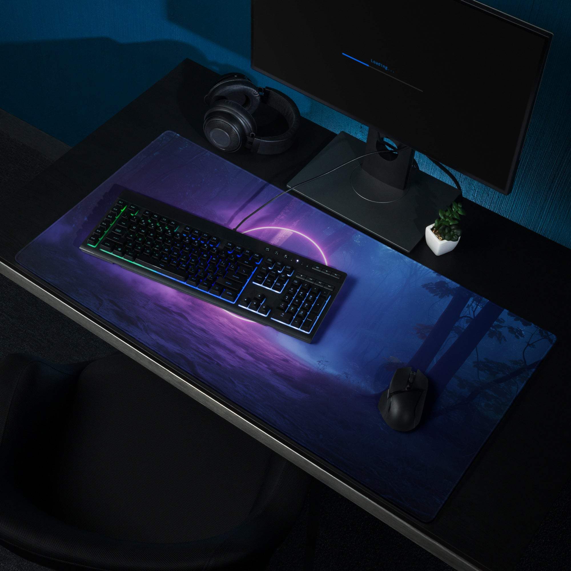 Purple blue gradient fantasy forest Mystic Neon Forest gaming mousepad