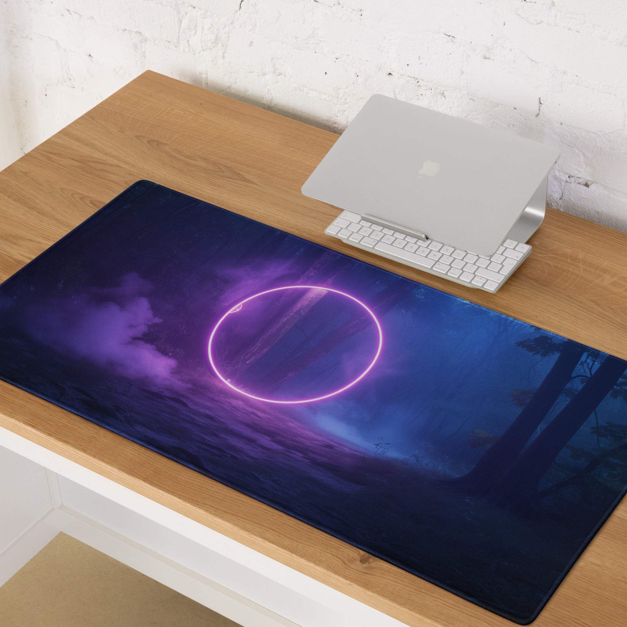 Mystic Neon Forest Glow ultra large gaming mousepad with nebula design