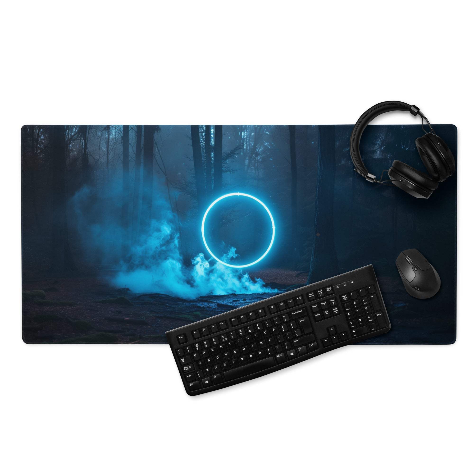 Blue neon ring glowing in misty forest on dark gaming mousepad