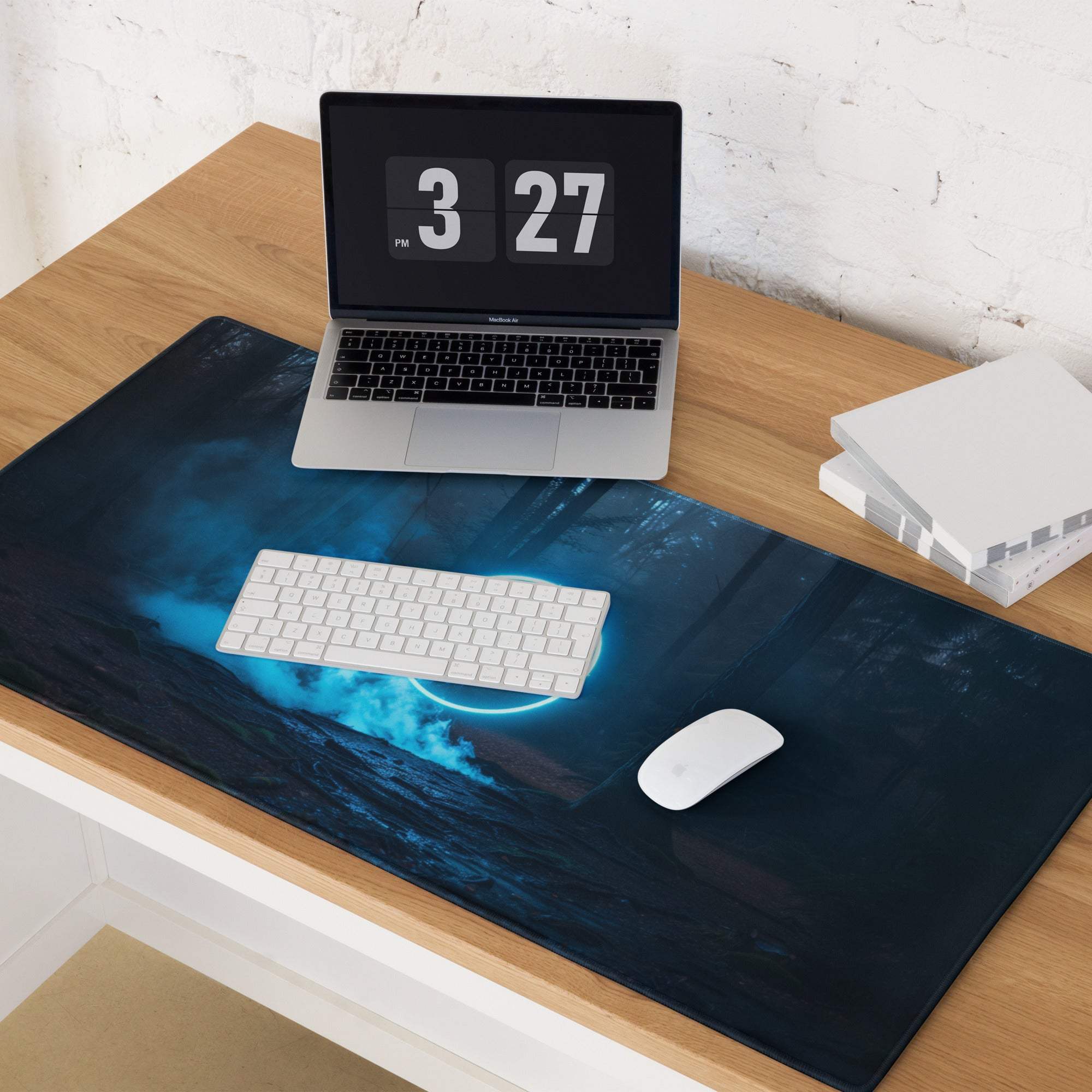 Sleek large gaming mousepad with dark navy ocean waves, neon blue glow, non-slip base, edge stitching