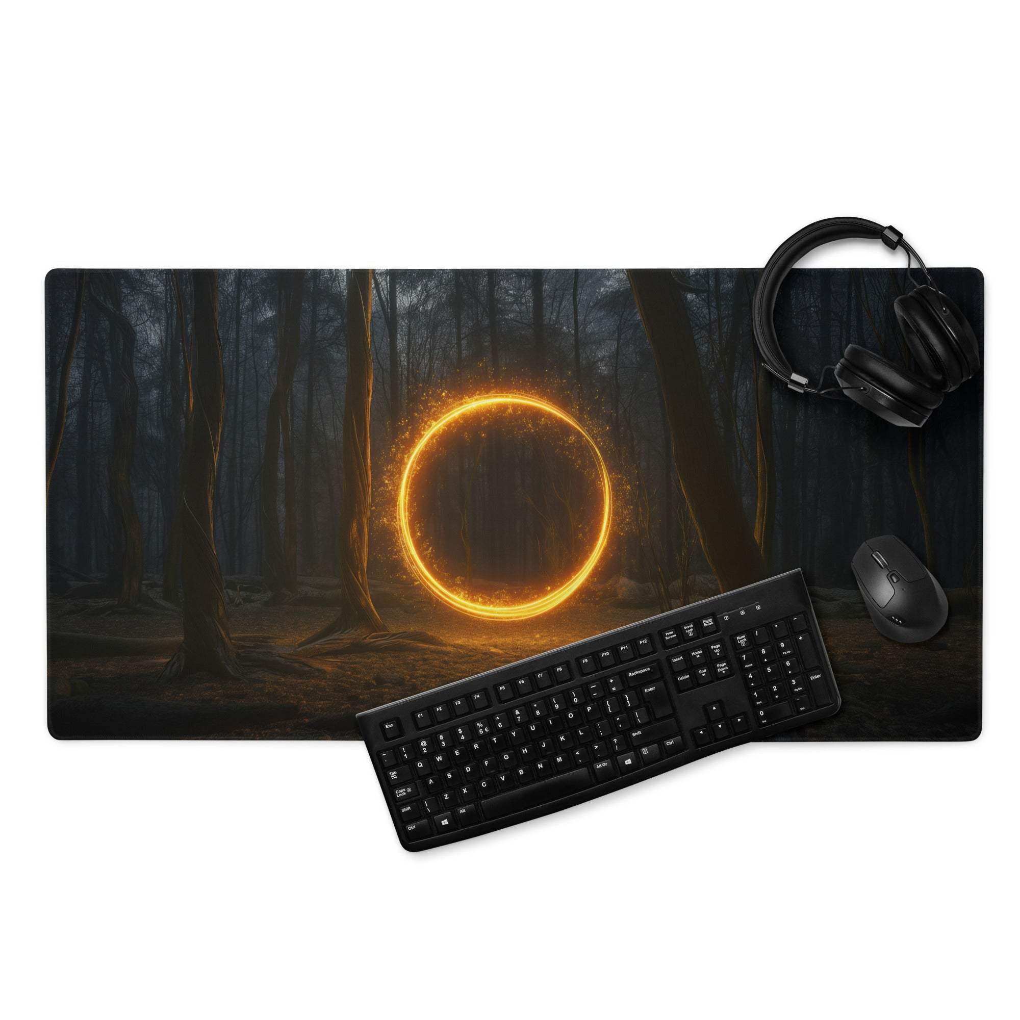 Large non-slip gaming mousepad with glowing orange forest circle