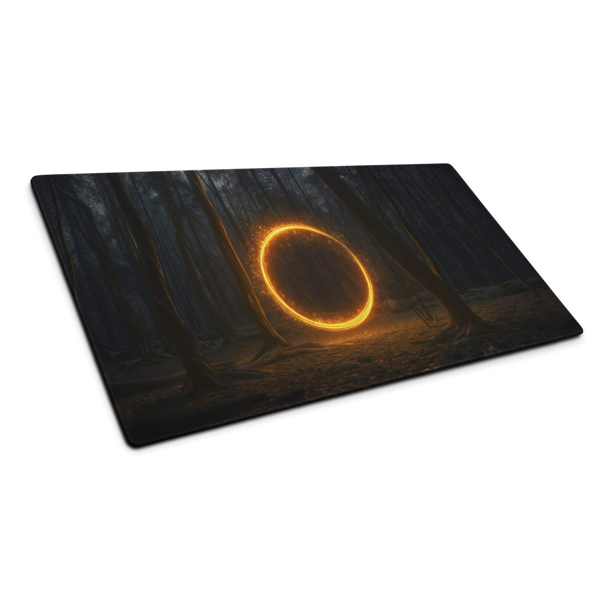 Large dark forest mousepad with glowing golden ring and neon orange circle