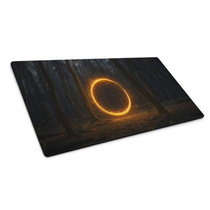 Large dark forest mousepad with glowing golden ring and neon orange circle