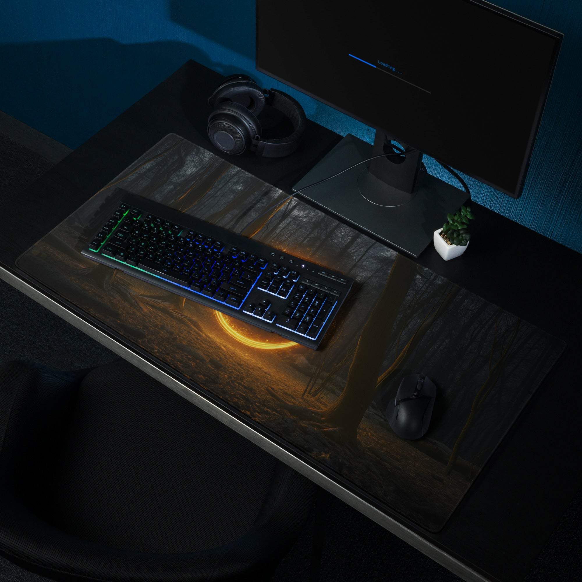 Large non-slip forest glow circle gaming mousepad with orange gold neon landscape