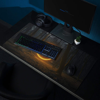 Large non-slip forest glow circle gaming mousepad with orange gold neon landscape
